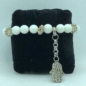 Hamsa Hand Beaded Charm Stretch Bracelet White & Silver Tone